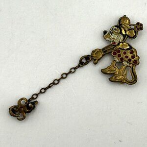 Vintage Minnie Mouse Pin Safety Chain Disney #36 Enamel 1930s READ